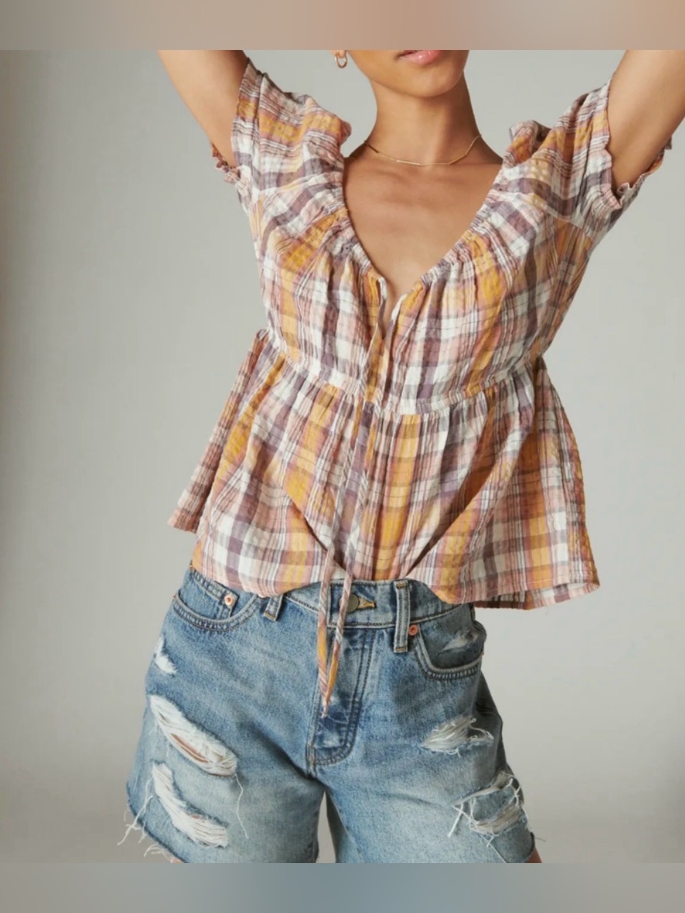 Lucky Brand Plaid Peplum Tie-Front Top in Mustard, Cream & Brown